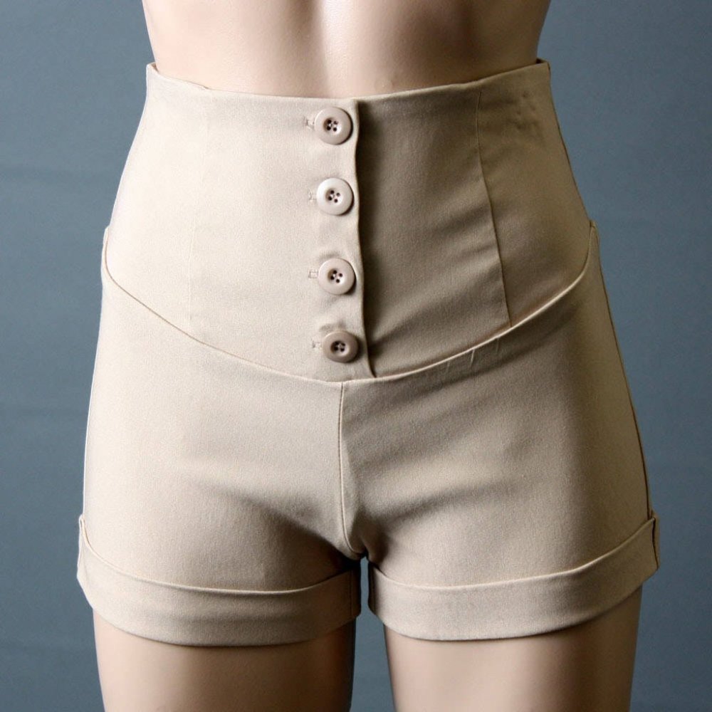 Khaki Light Brown Womens Business High Waist Casual Summer Button Shorts Pants S